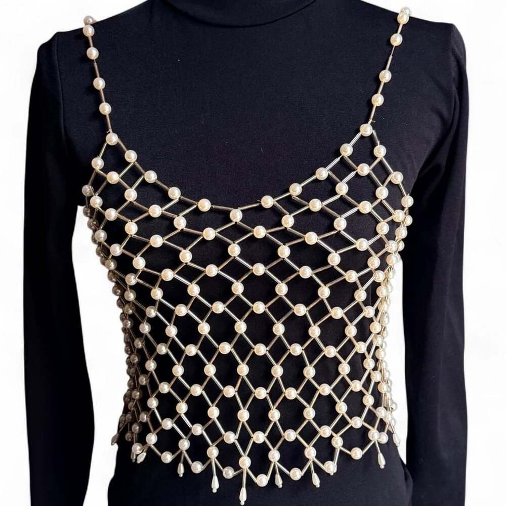Da Veamor Pearl Beaded Cage Crop Top Size M